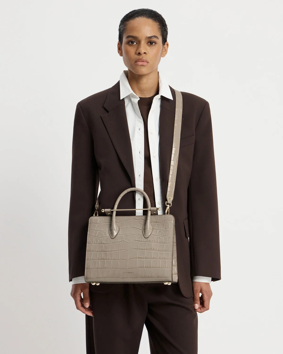 Strathberry Midi Tote  - Croc-Embossed Leather Light Taupe