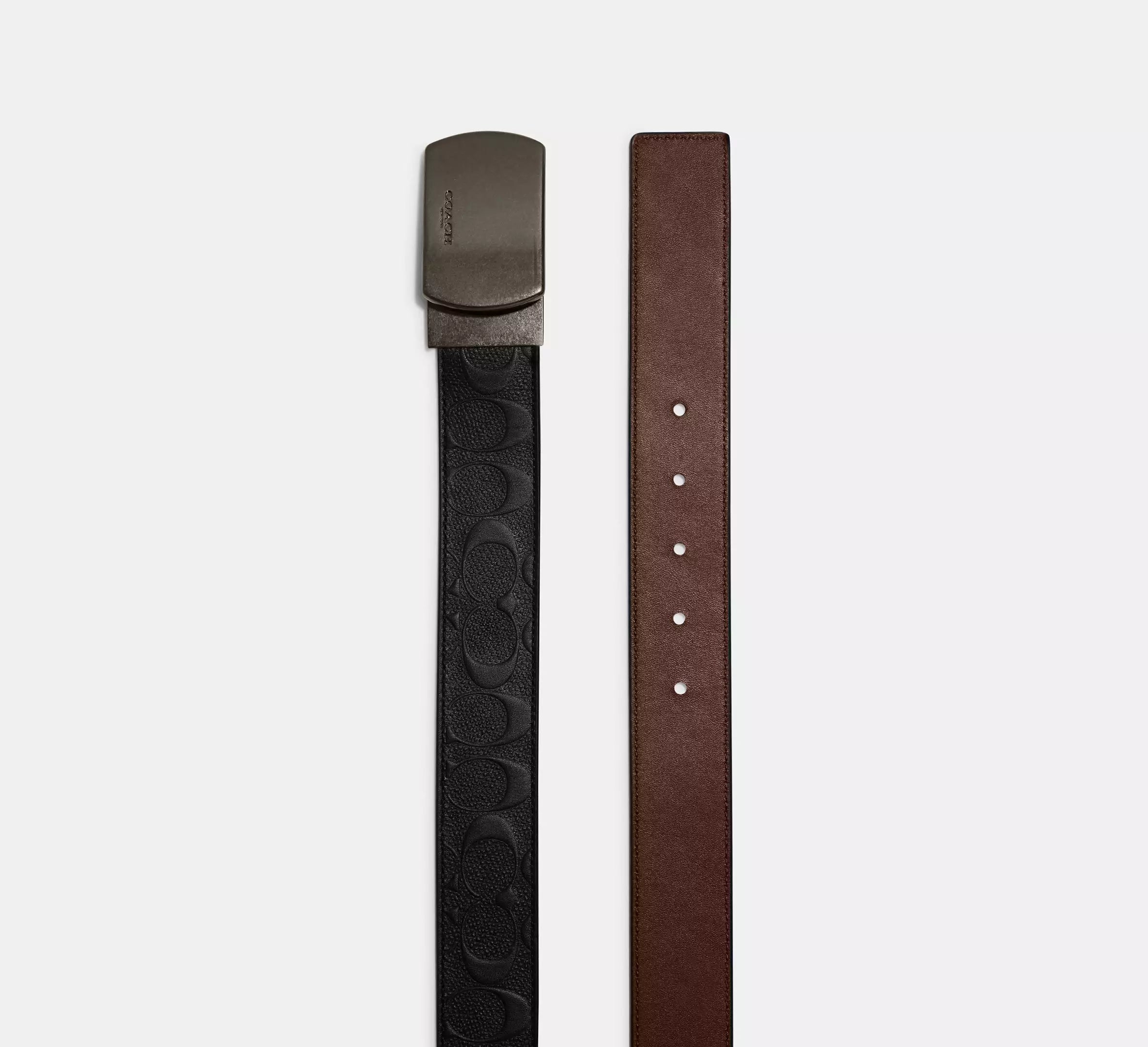 Coach Plaque Buckle Cut-To-Size Reversible Belt, 38 Mm  -  Gunmetal/Black/Dark Saddle