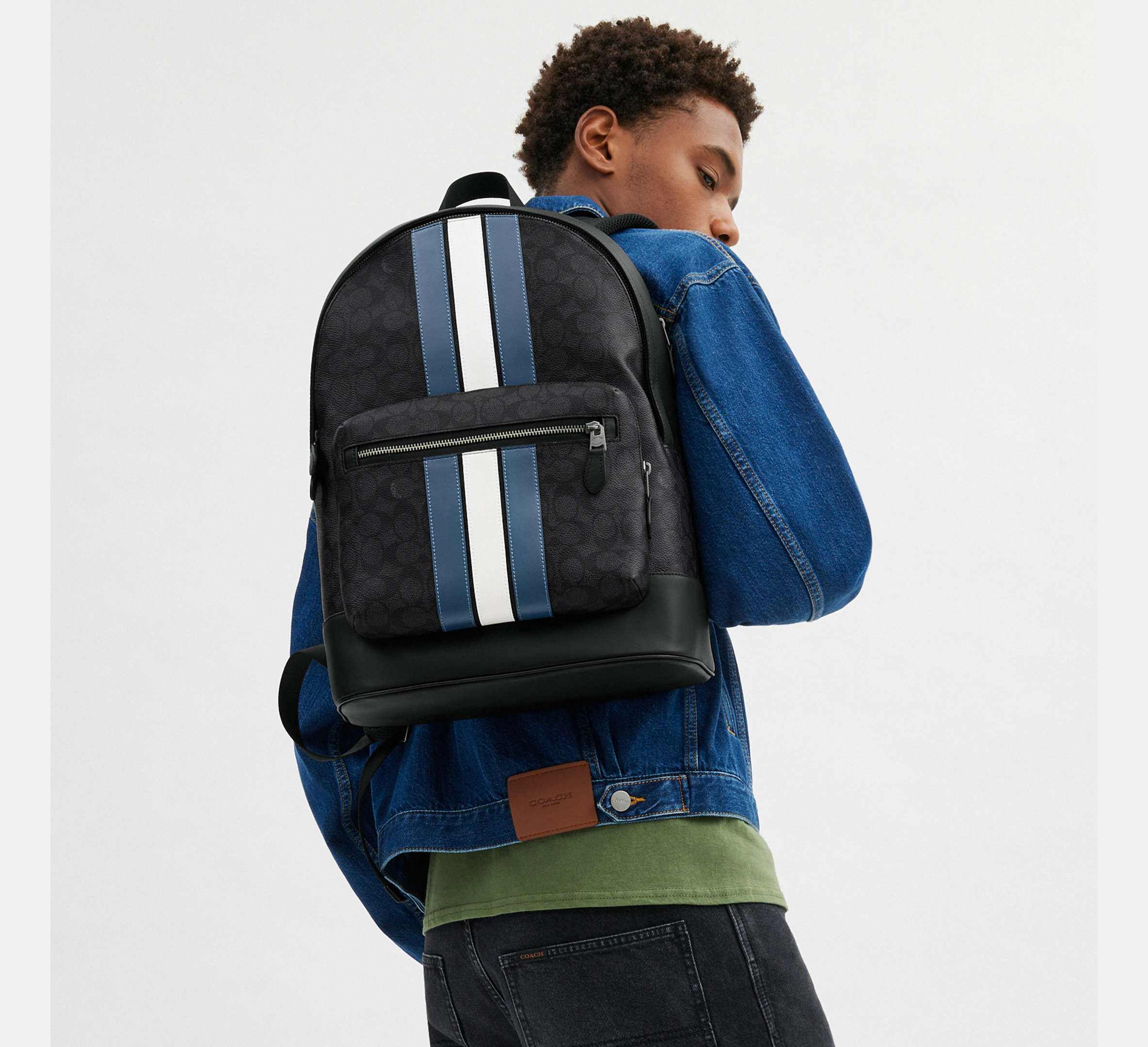 Coach West Backpack In Signature Canvas With Varsity Stripe  - Gunmetal/Charcoal/Denim/Chalk
