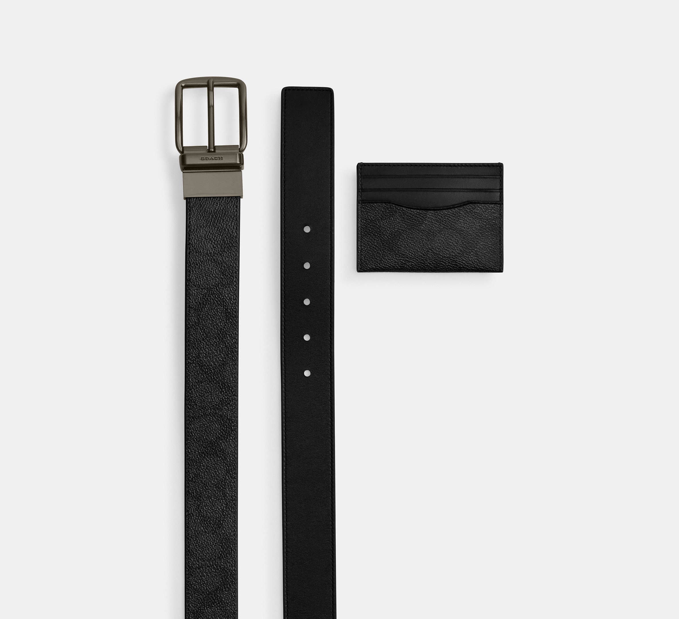 Coach Boxed Card Case And Belt Set In Signature Gunmetal/Charcoal/Black