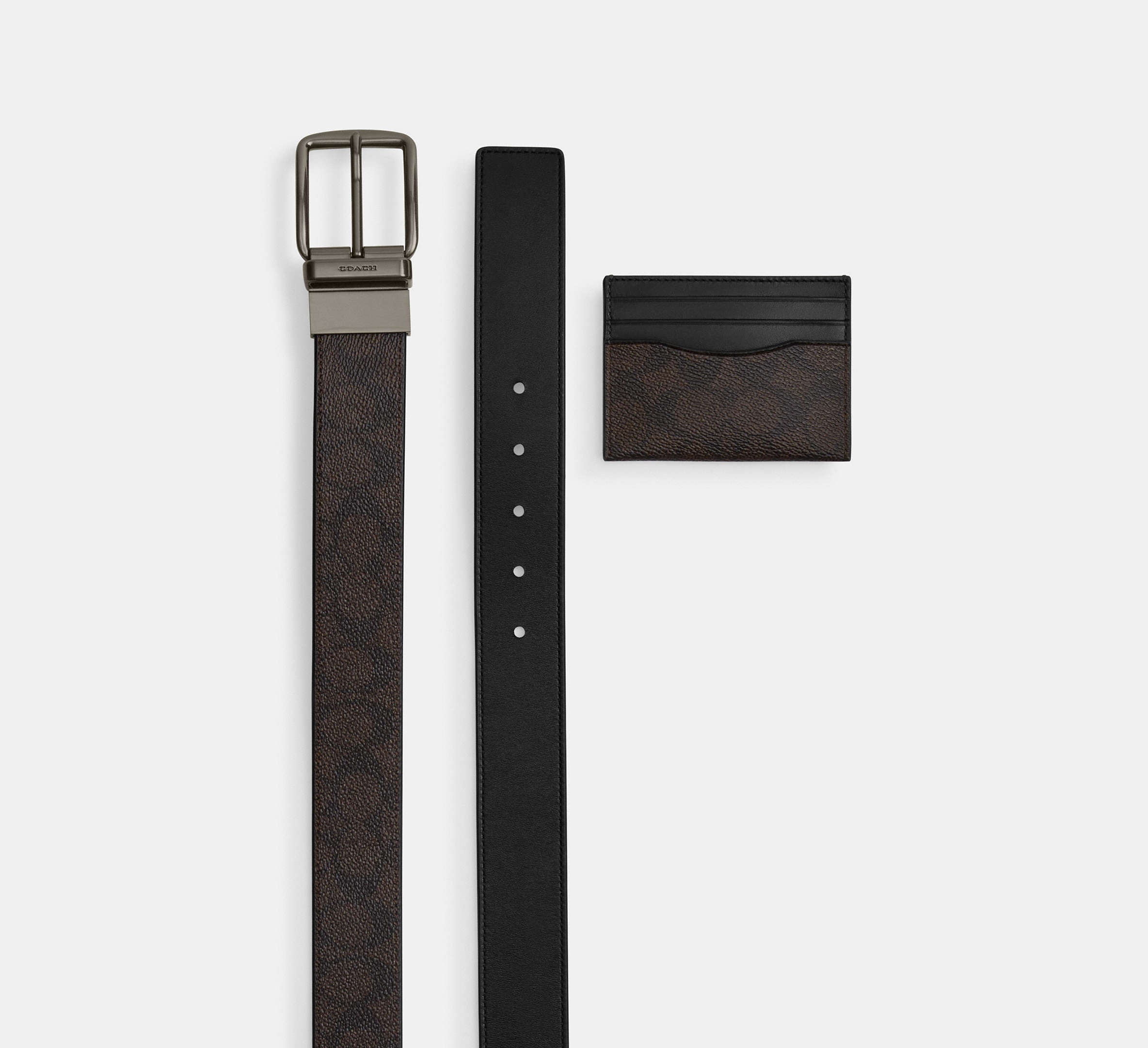 Coach Boxed Card Case And Belt Set In Signature Qb/Walnut/Black