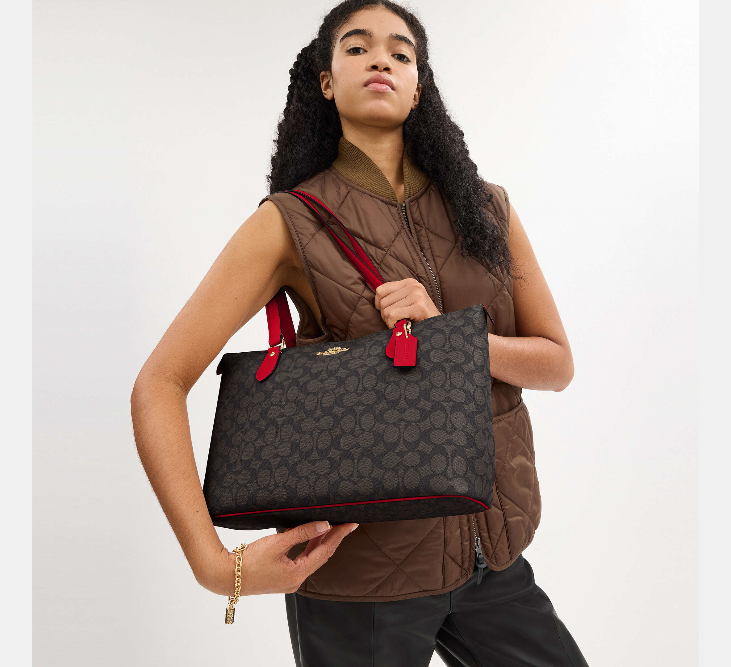 Coach Gallery Tote Bag Walnut Bold Red Hemen Teslimde