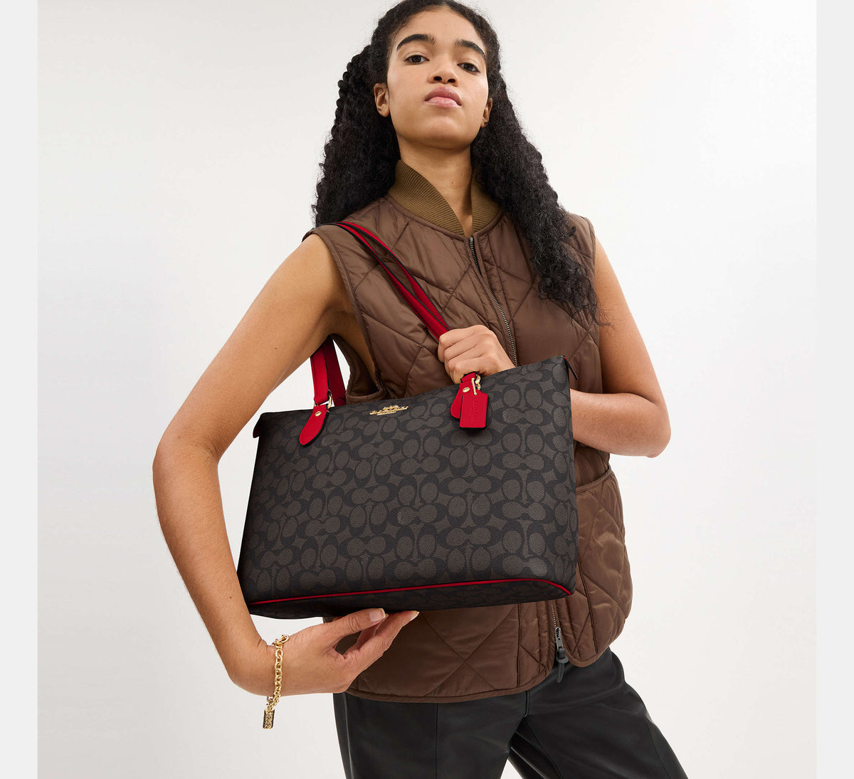 Coach Gallery Tote Bag Walnut Bold Red Hemen Teslimde