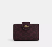 Coach Medium Corner Zip Wallet In Signature  - Gold/Black Currant
