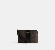 Coach Corner Zip Wristlet In Signature With Stripe - Gold/Walnut/Black