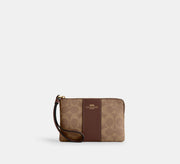 Coach Corner Zip Wristlet In Signature With Stripe - Gold/Tan/Brown