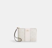 Coach Corner Zip Wristlet In Signature With Stripe - Gold/White/Chalk