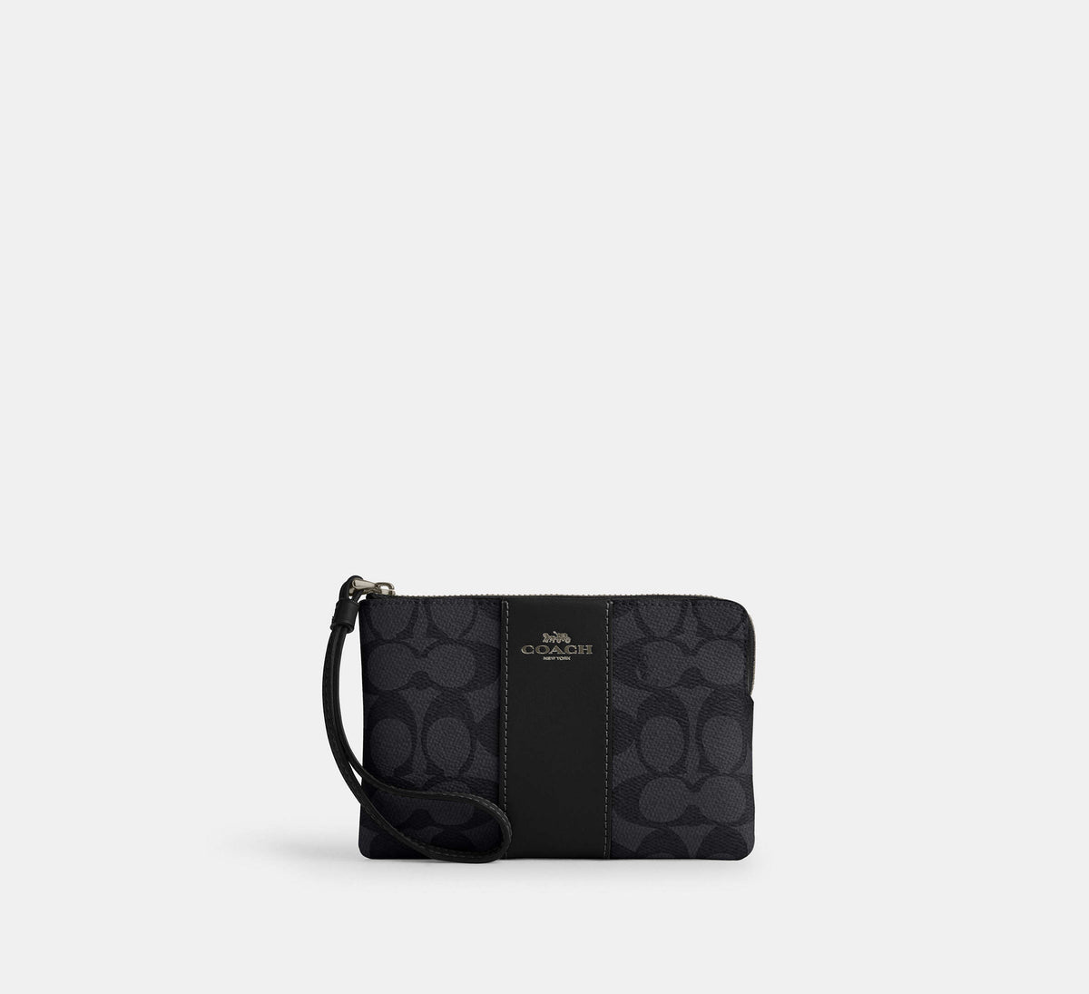 Coach Corner Zip Wristlet In Signature With Stripe - Gunmetal/Charcoal/Black