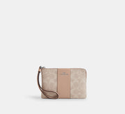 Coach Corner Zip Wristlet In Signature With Stripe - Silver/Sand/Taupe