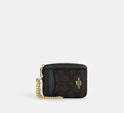 Coach Zip Card Case In Signature - Gold/Walnut/Black