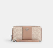 Coach Long Zip Around Wallet In Signature Canvas With Stripe - Silver/Sand/Taupe