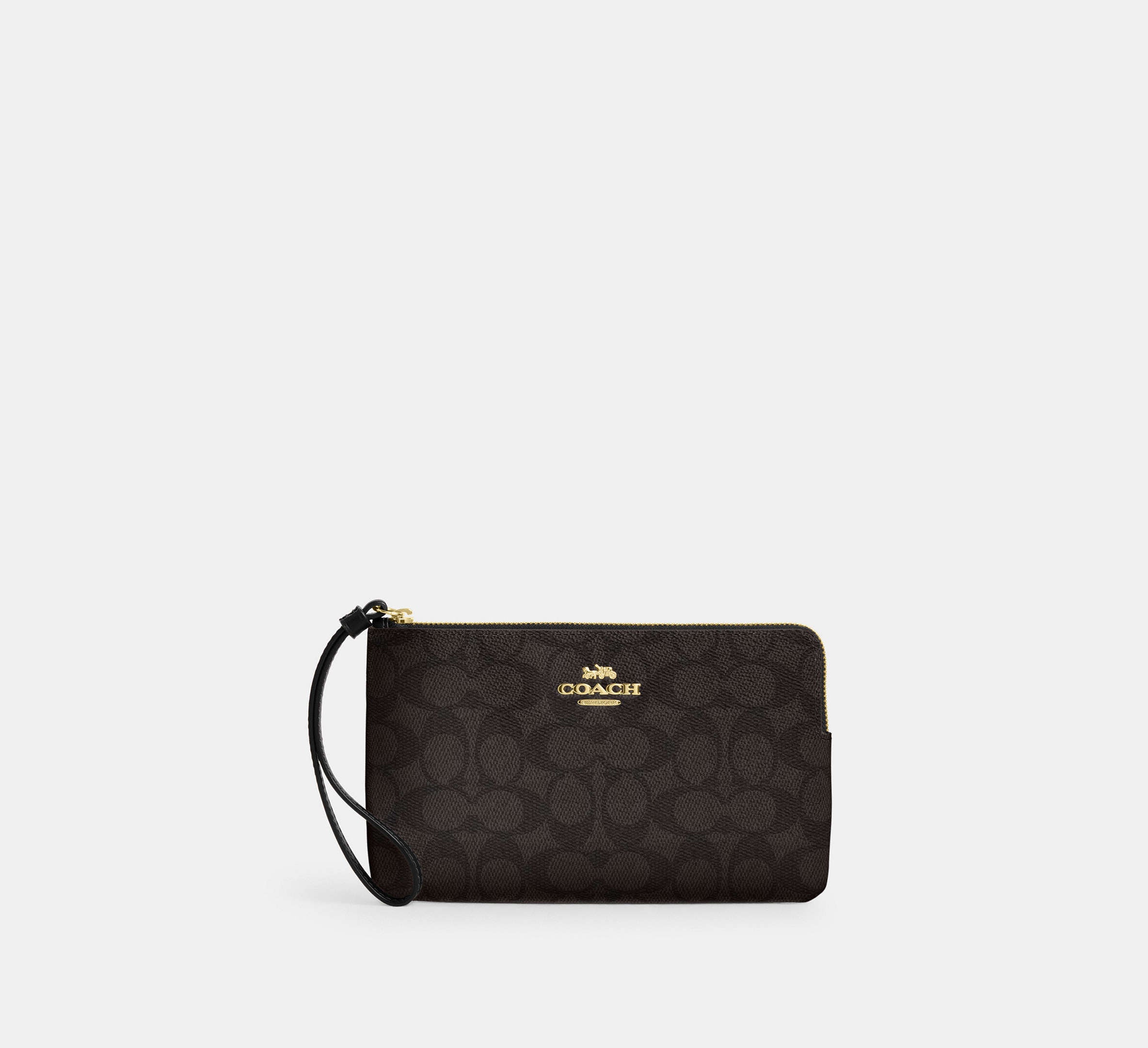 Coach Large Corner Zip Wristlet In Signature - Gold/Walnut/Black
