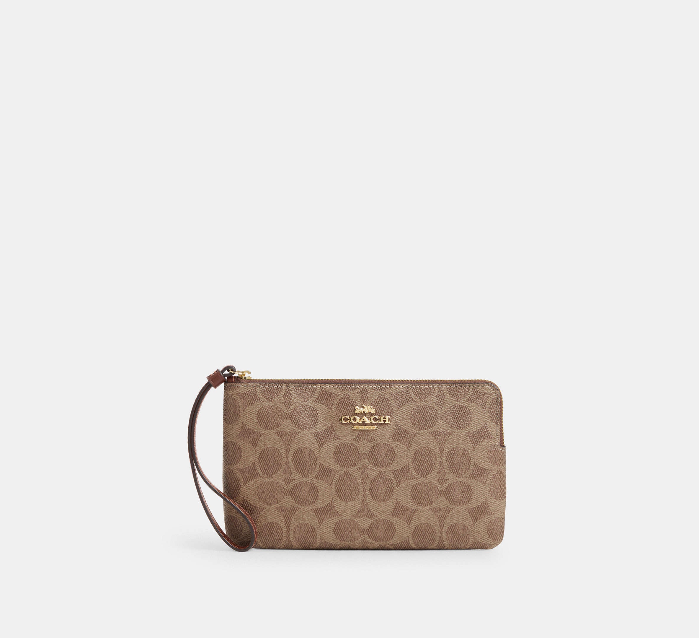 Coach Large Corner Zip Wristlet In Signature - Gold/Tan/Brown
