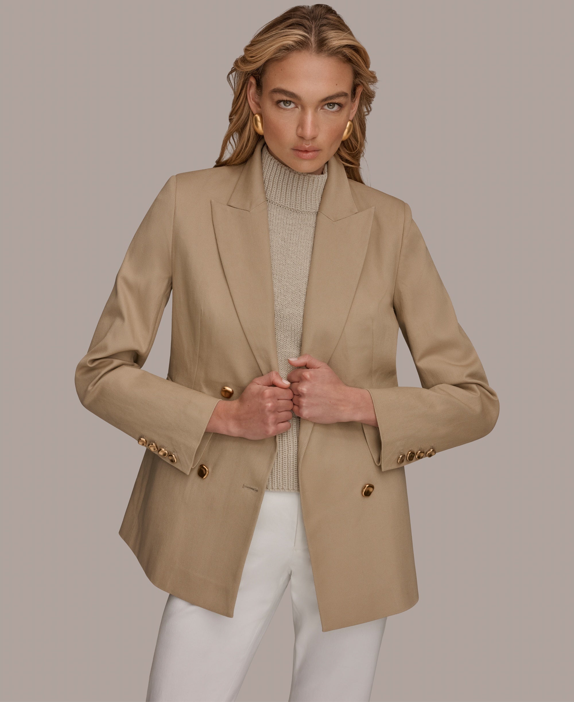 Donna Karan New York Khaki kruvaze blazer ceket, ön görünüm