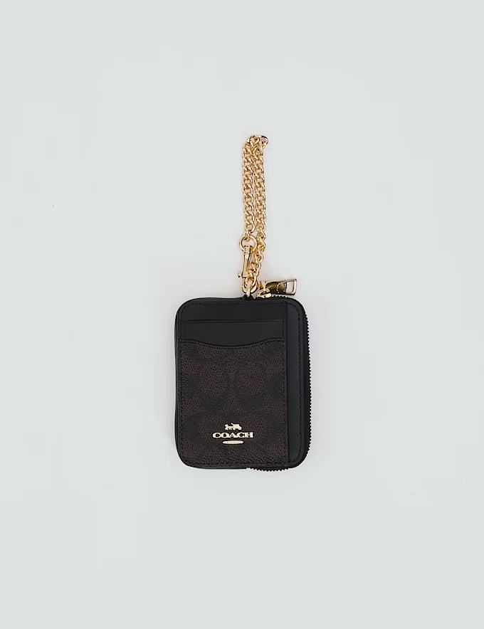 Coach Zip Card Case In Signature - Gold/Walnut/Black