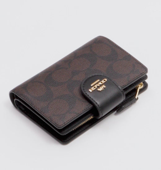 Coach Medium Corner Zip Wallet In Signature - Gold/Walnut/Black