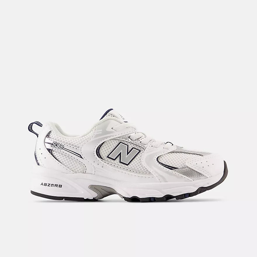 New Balance Little Kids 530 Bungee  -  NB WHITE with NATURAL INDIGO and Silver Metallic  -  PZ530SB1