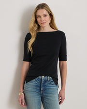 Ralph Lauren Women Stretch Cotton Boatneck Tee  -  Polo Black