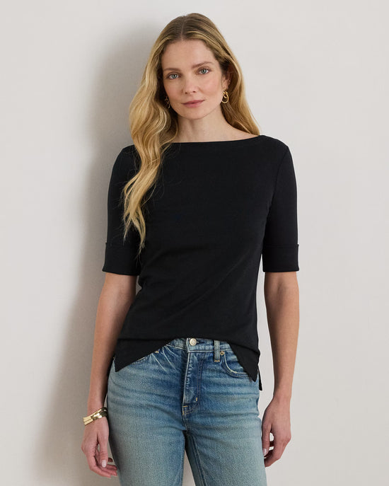 Ralph Lauren Women Stretch Cotton Boatneck Tee  -  Polo Black