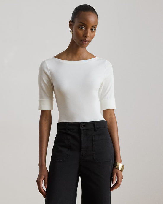 Ralph Lauren Women Stretch Cotton Boatneck Tee  -  White