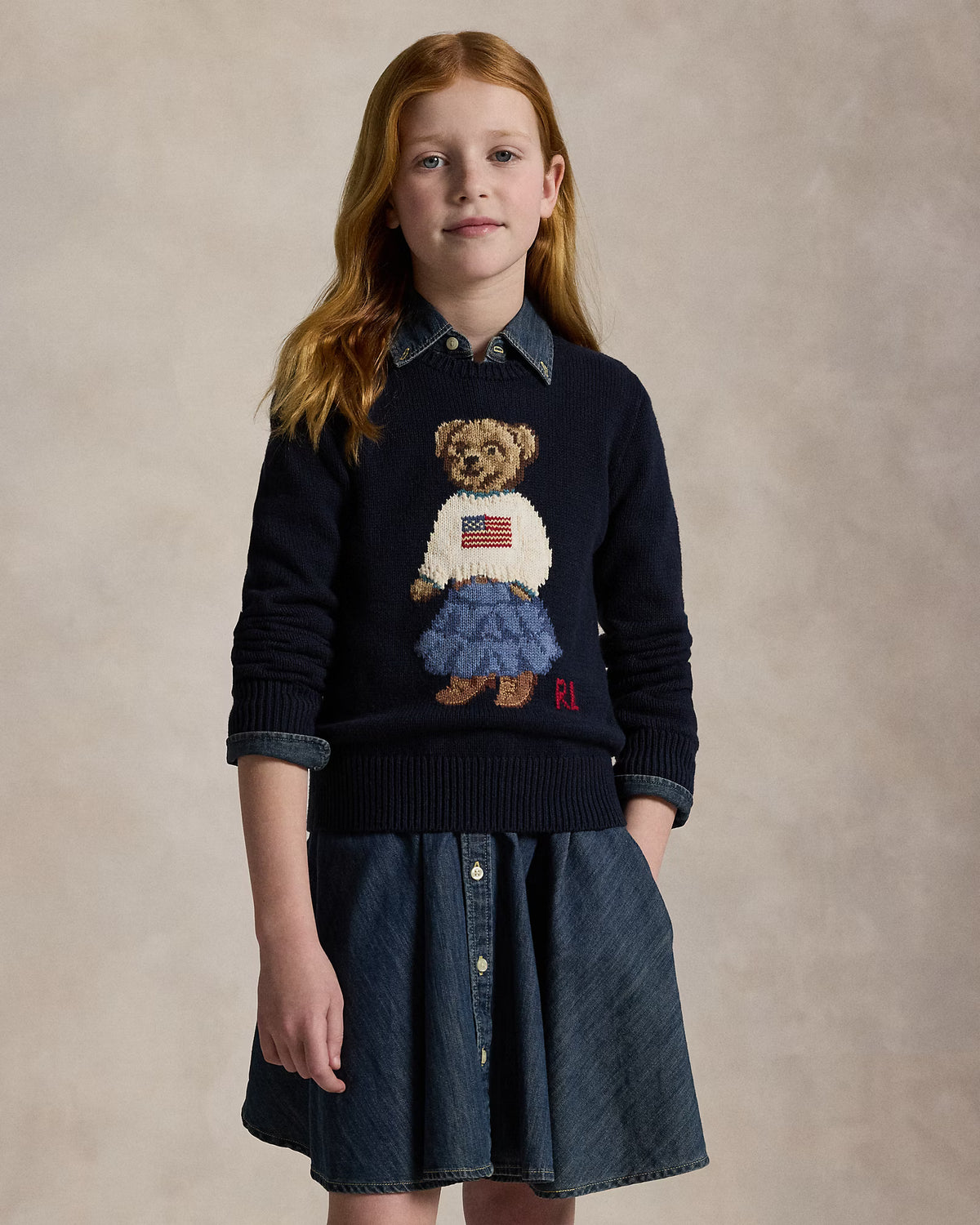 Ralph Lauren Girls Polo Bear Cotton Sweater  -   Hunter Navy