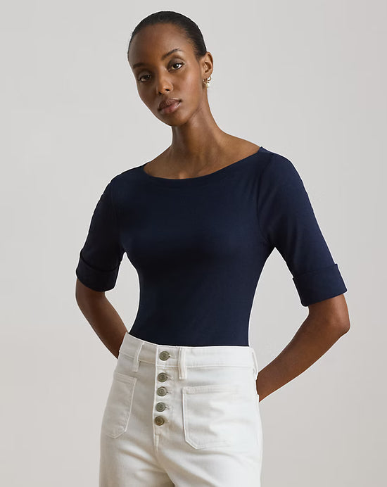 Ralph Lauren Women Stretch Cotton Boatneck Tee  -  Lauren Navy