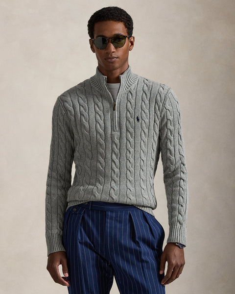 Ralph Lauren Men Cable-Knit Cotton Quarter-Zip Sweater  -  Fawn Grey Heather