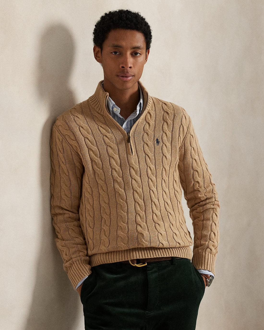 Ralph Lauren Men Cable-Knit Cotton Quarter-Zip Sweater  -  Camel Melange
