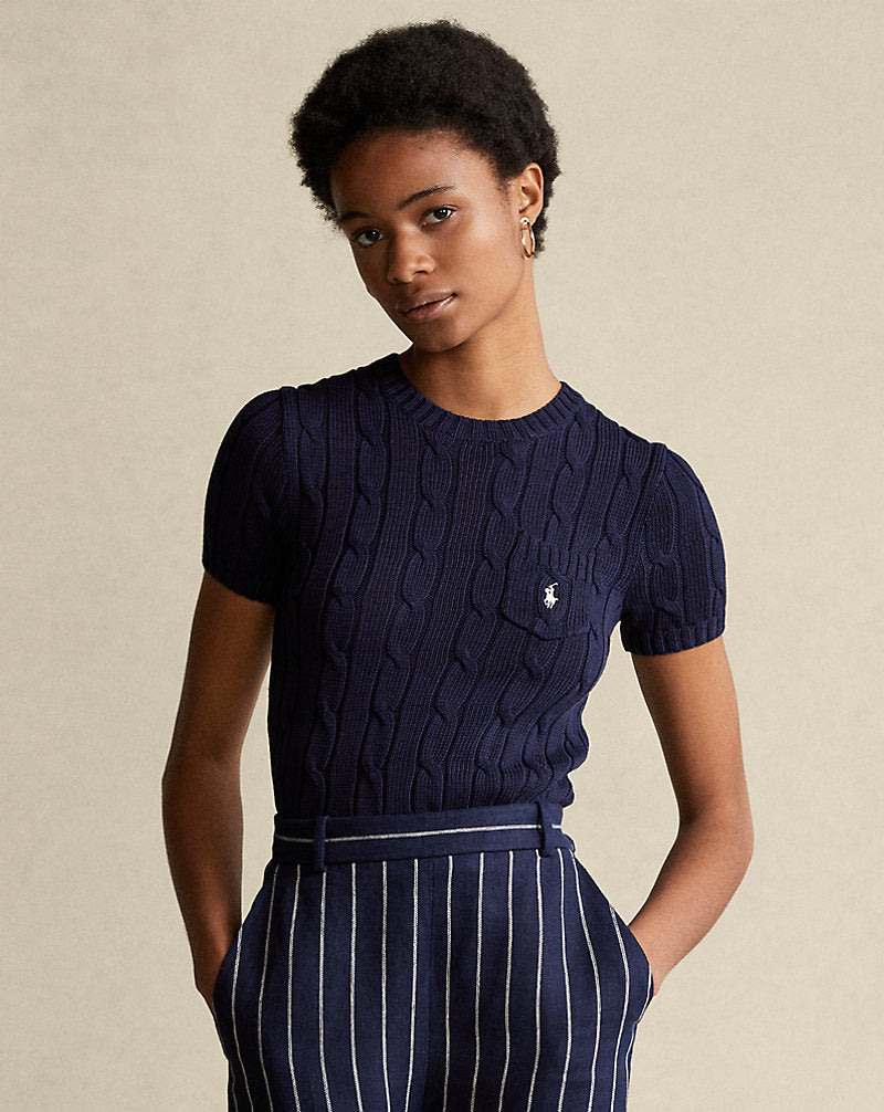 Ralph Lauren Women Cable-Knit Cotton Short-Sleeve Sweater Navy
