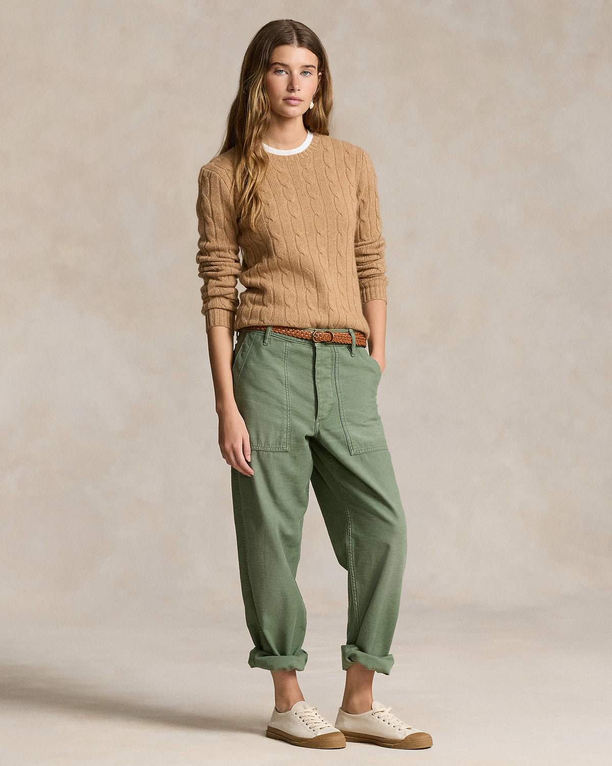Ralph Lauren Women's The Iconic Cable-Knit Cashmere Sweater - Collection Camel Melange