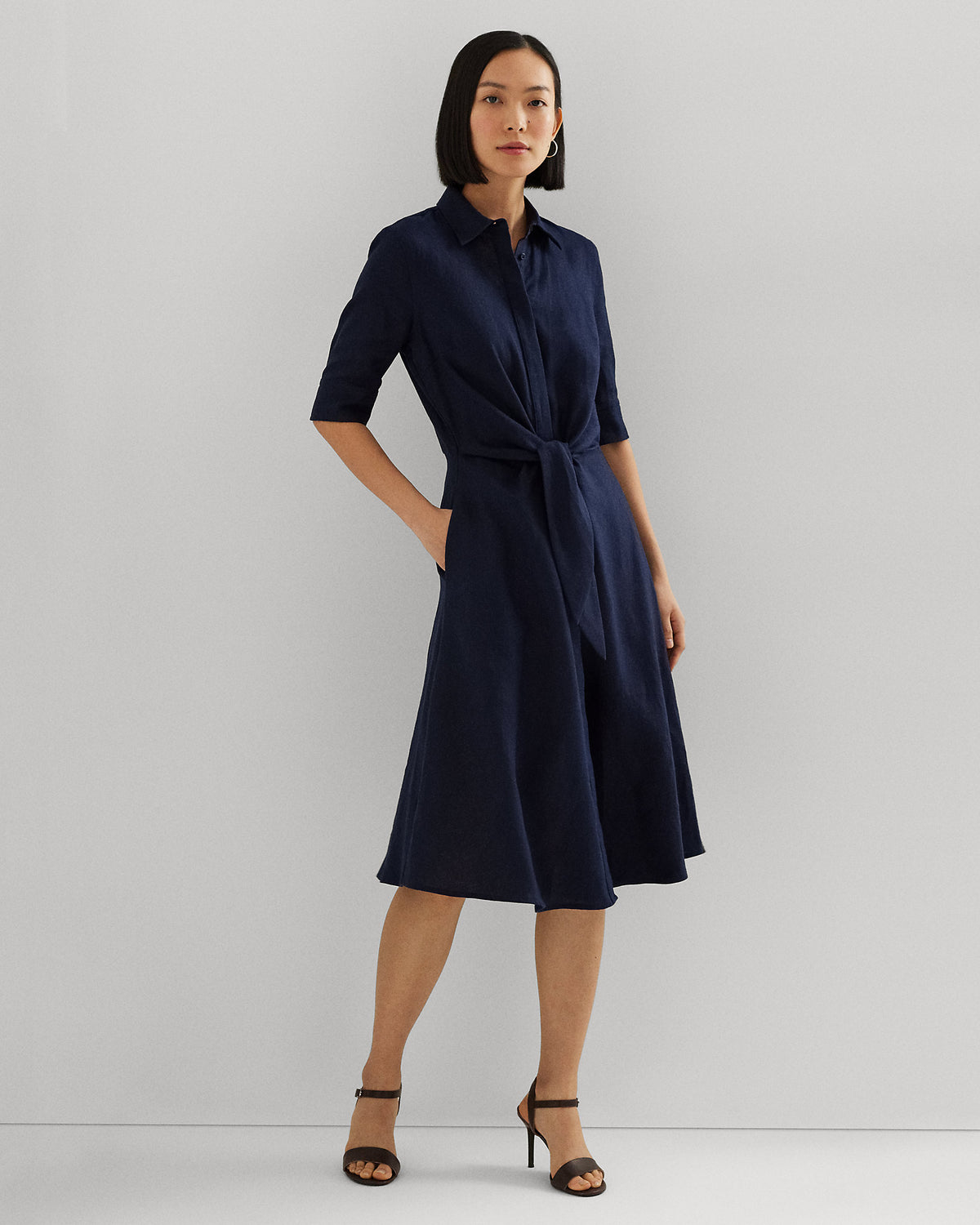 Ralph Lauren Women Tie-Front Linen Shirtdress  -  Lauren Navy