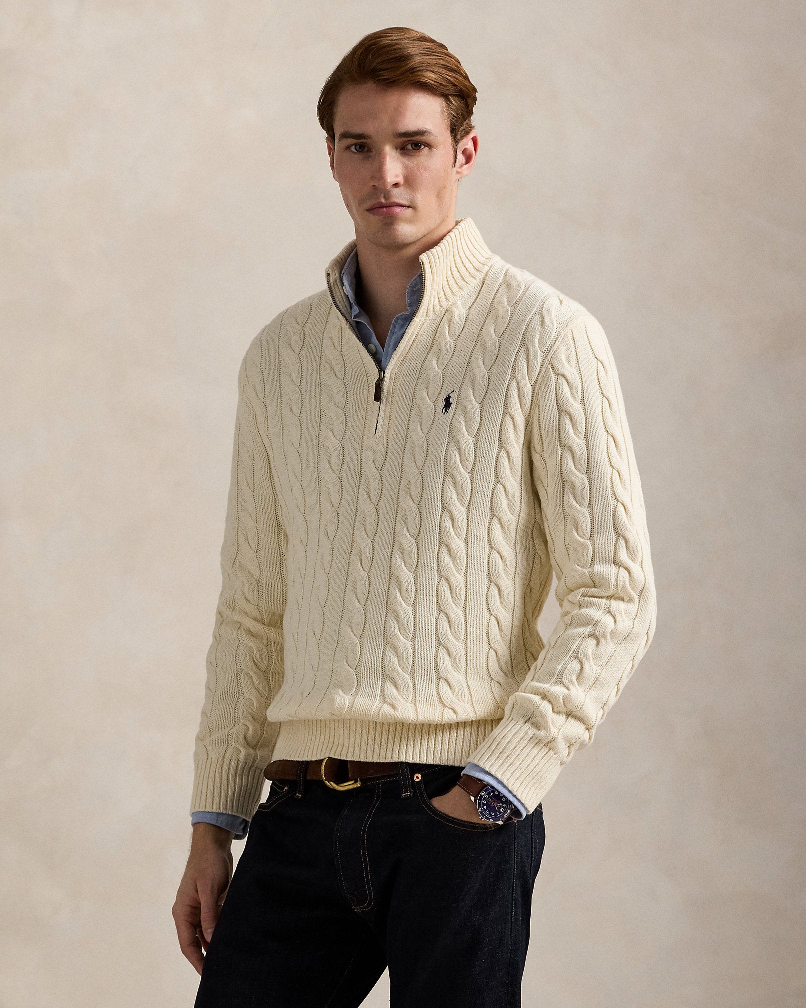 Ralph Lauren Men Cable-Knit Cotton Quarter-Zip Sweater - Andover
