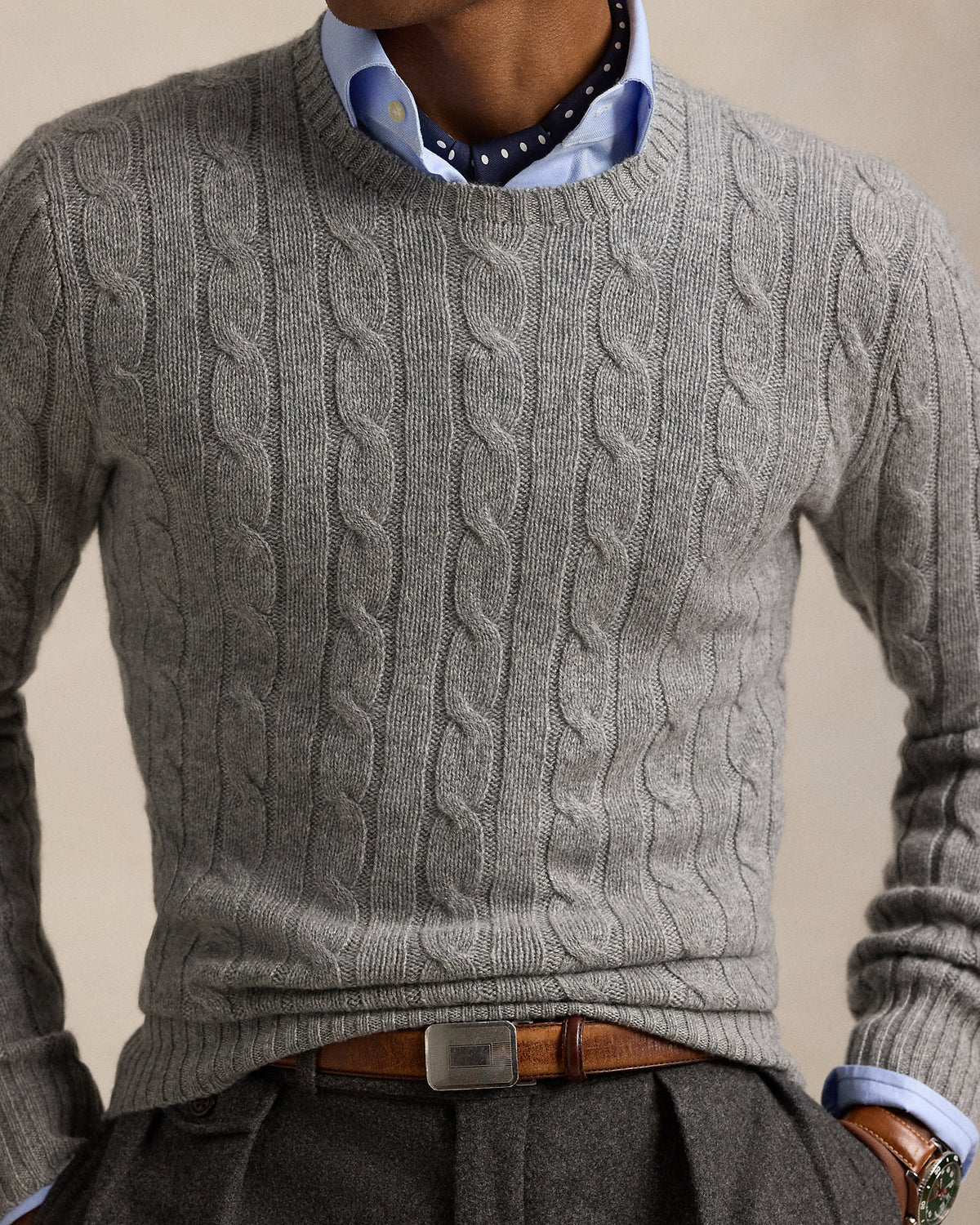 Ralph Lauren Unisex The Iconic Cable-Knit Cashmere Sweater - Fawn Grey Heather