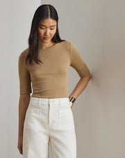 Ralph Lauren Women Stretch Cotton Boatneck Tee  -  Classic Camel