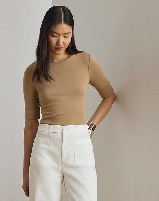 Ralph Lauren Women Stretch Cotton Boatneck Tee  -  Classic Camel