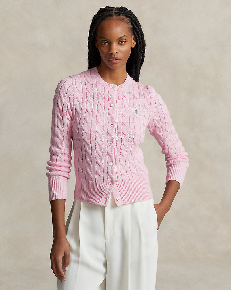 Ralph Lauren Cable-Knit Cotton Crewneck Cardigan - Pink