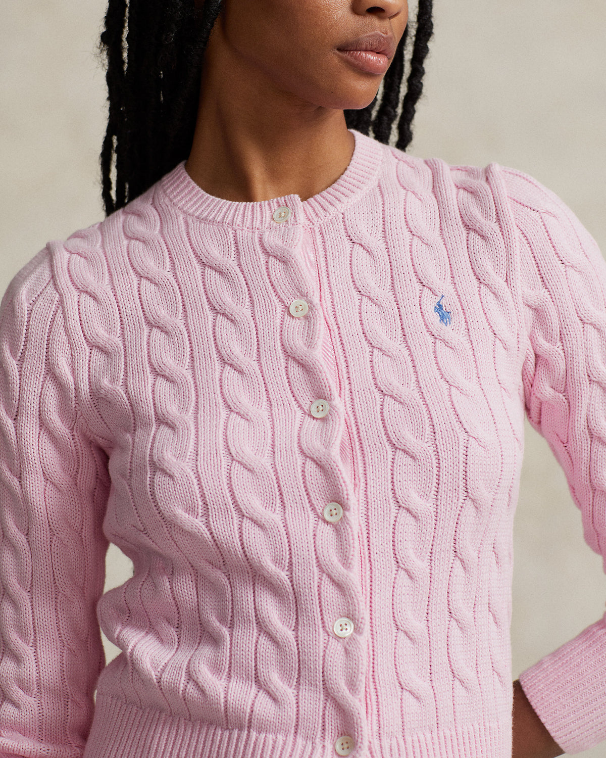 Ralph Lauren Cable-Knit Cotton Crewneck Cardigan - Pink
