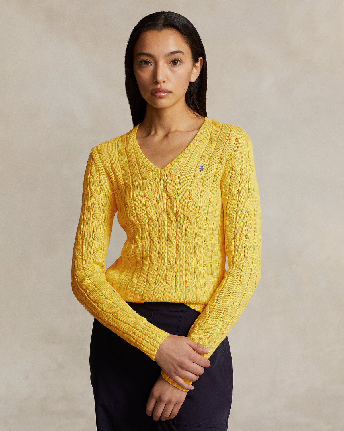 Ralph Lauren Women Cable-Knit Cotton V-Neck Sweater  -  Trainer Yellow
