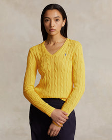 Ralph Lauren Women Cable-Knit Cotton V-Neck Sweater  -  Trainer Yellow