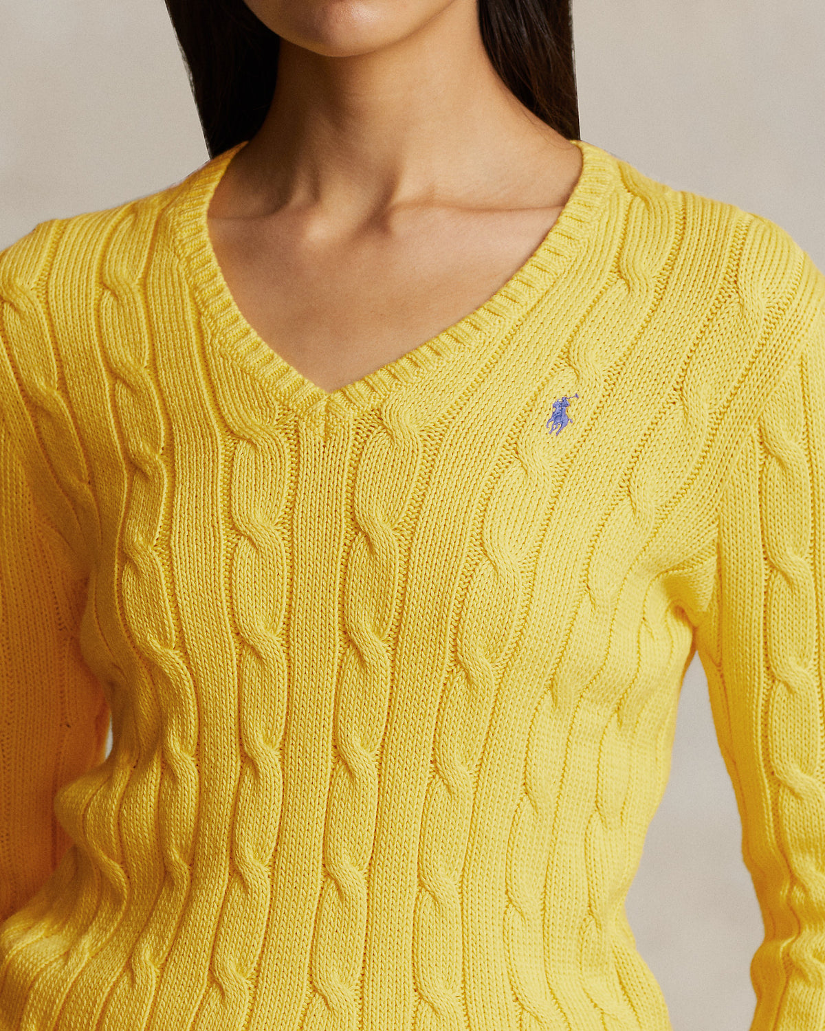 Ralph Lauren Women Cable-Knit Cotton V-Neck Sweater  -  Trainer Yellow