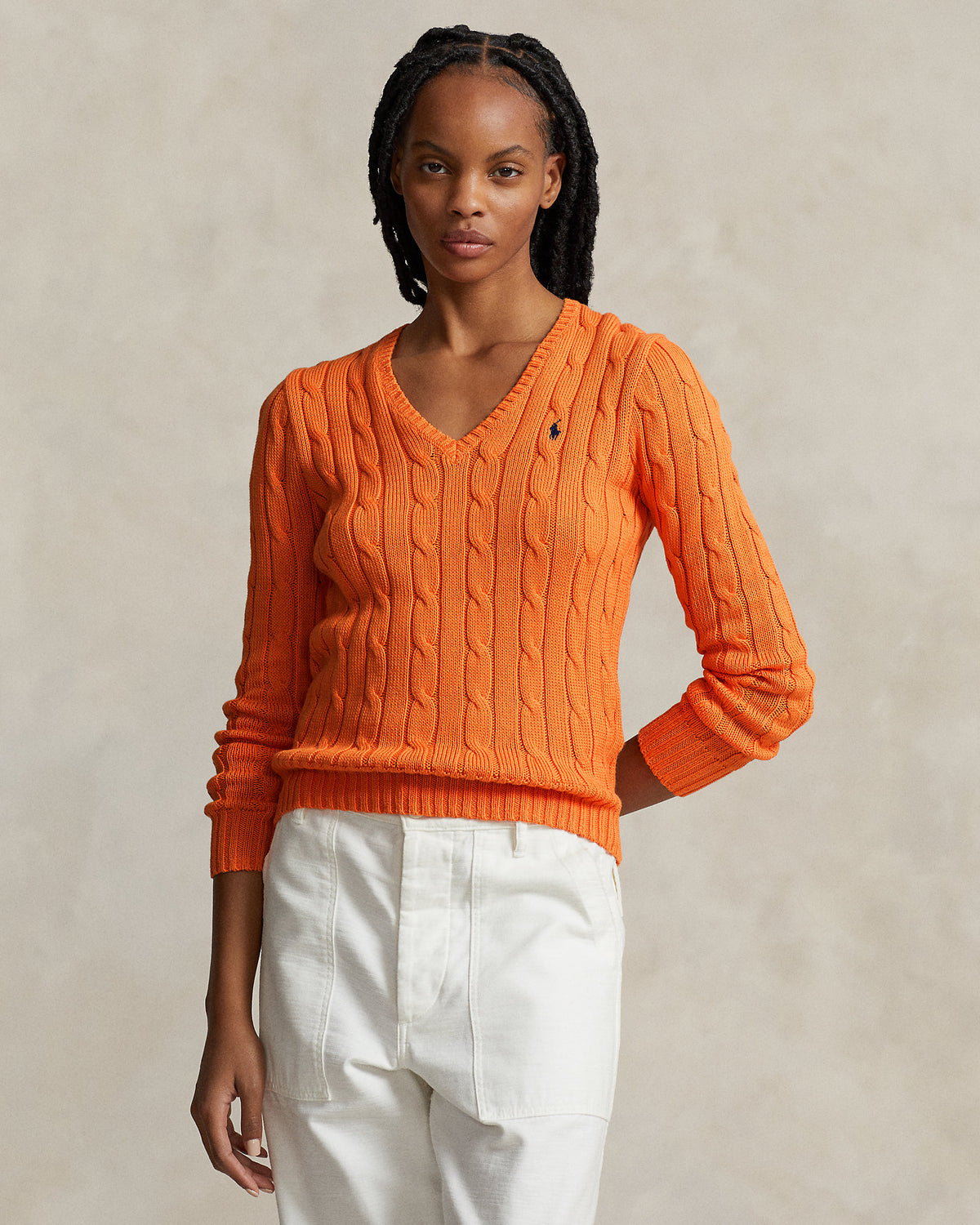 Ralph Lauren Women Cable-Knit Cotton V-Neck Sweater  -  Sun Orange
