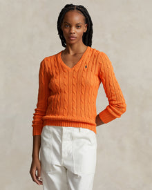 Ralph Lauren Women Cable-Knit Cotton V-Neck Sweater  -  Sun Orange