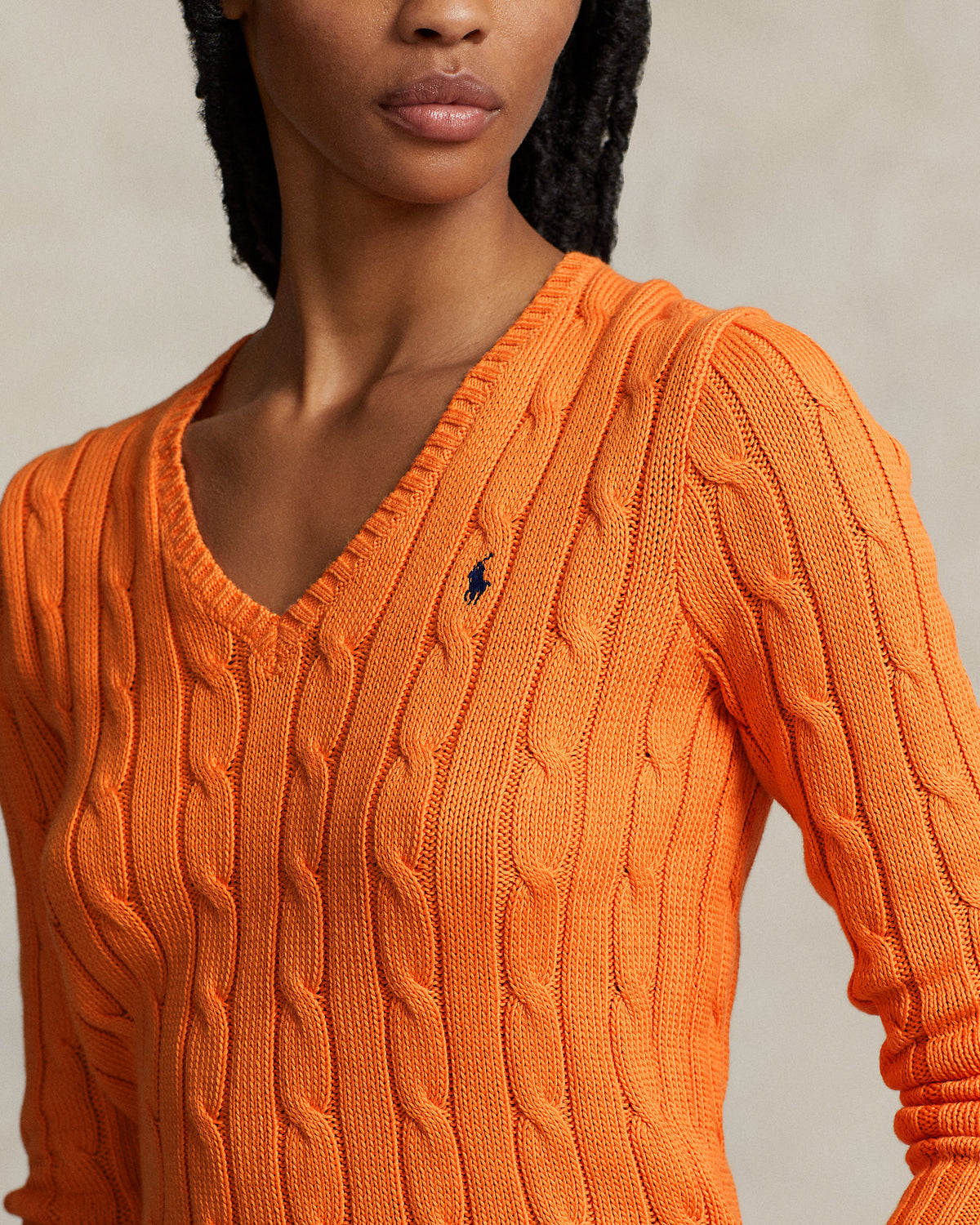 Ralph Lauren Women Cable-Knit Cotton V-Neck Sweater  -  Sun Orange