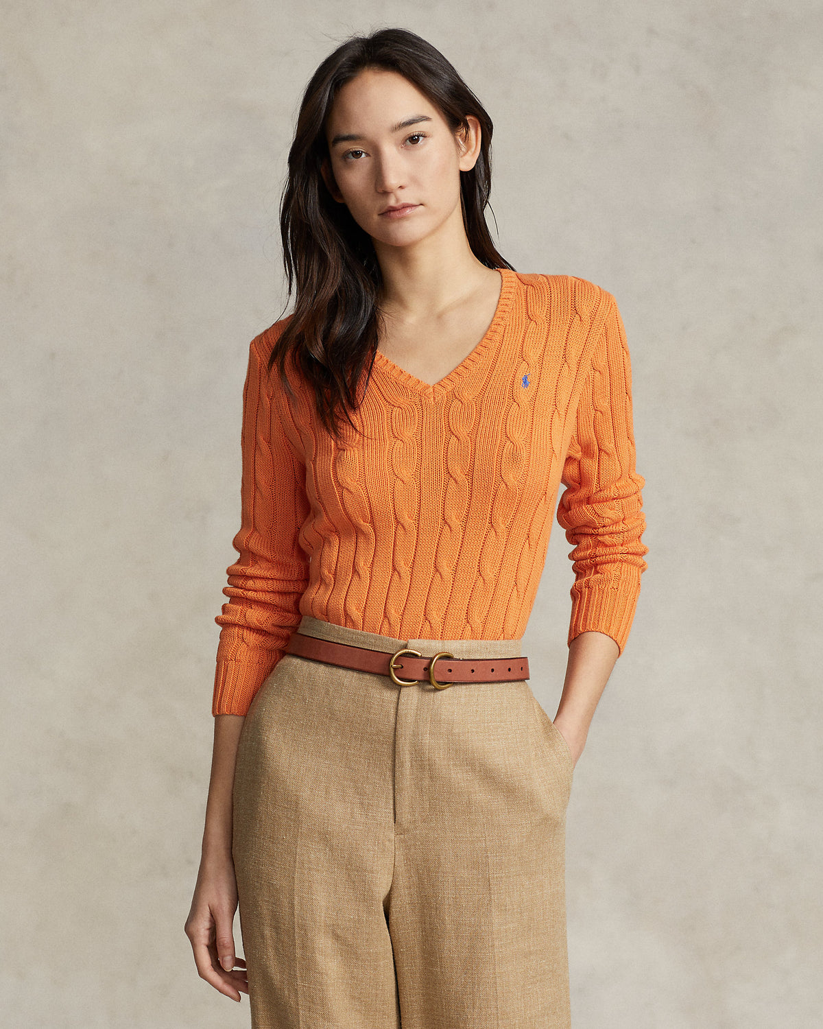 Ralph Lauren Women Cable-Knit Cotton V-Neck Sweater  -  Sun Orange