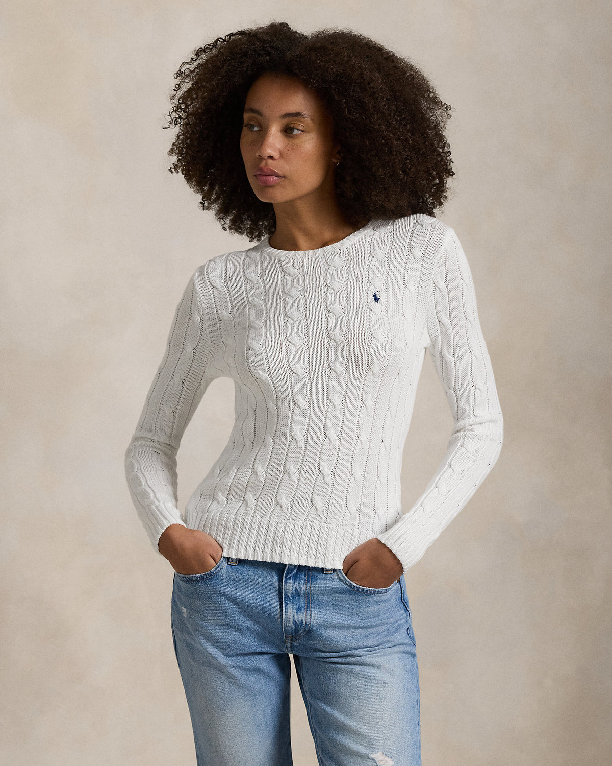 Ralph Lauren Cable-Knit Cotton Crewneck Sweater- White - Hemen Teslimde