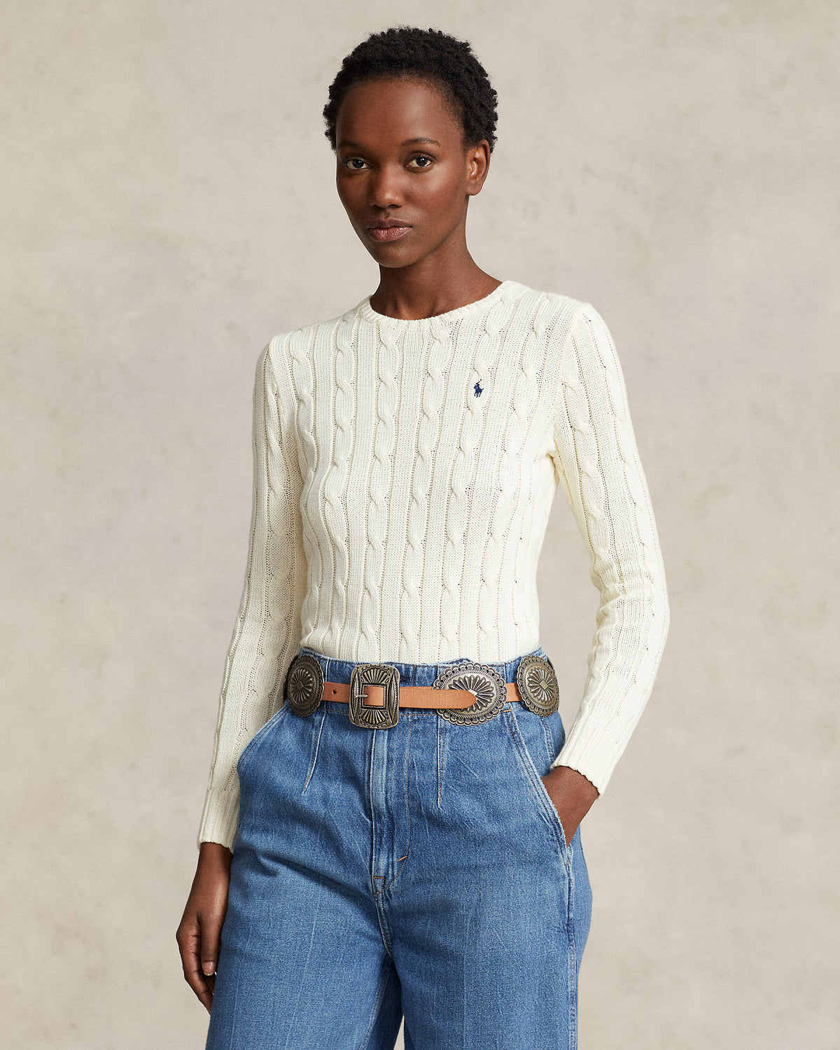 Ralph Lauren Women Cable-Knit Cotton Crewneck Sweater Cream- Outlet - Hemen Teslimde