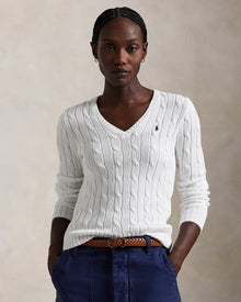 Ralph Lauren Women Cable-Knit Cotton V-Neck Sweater  -  White