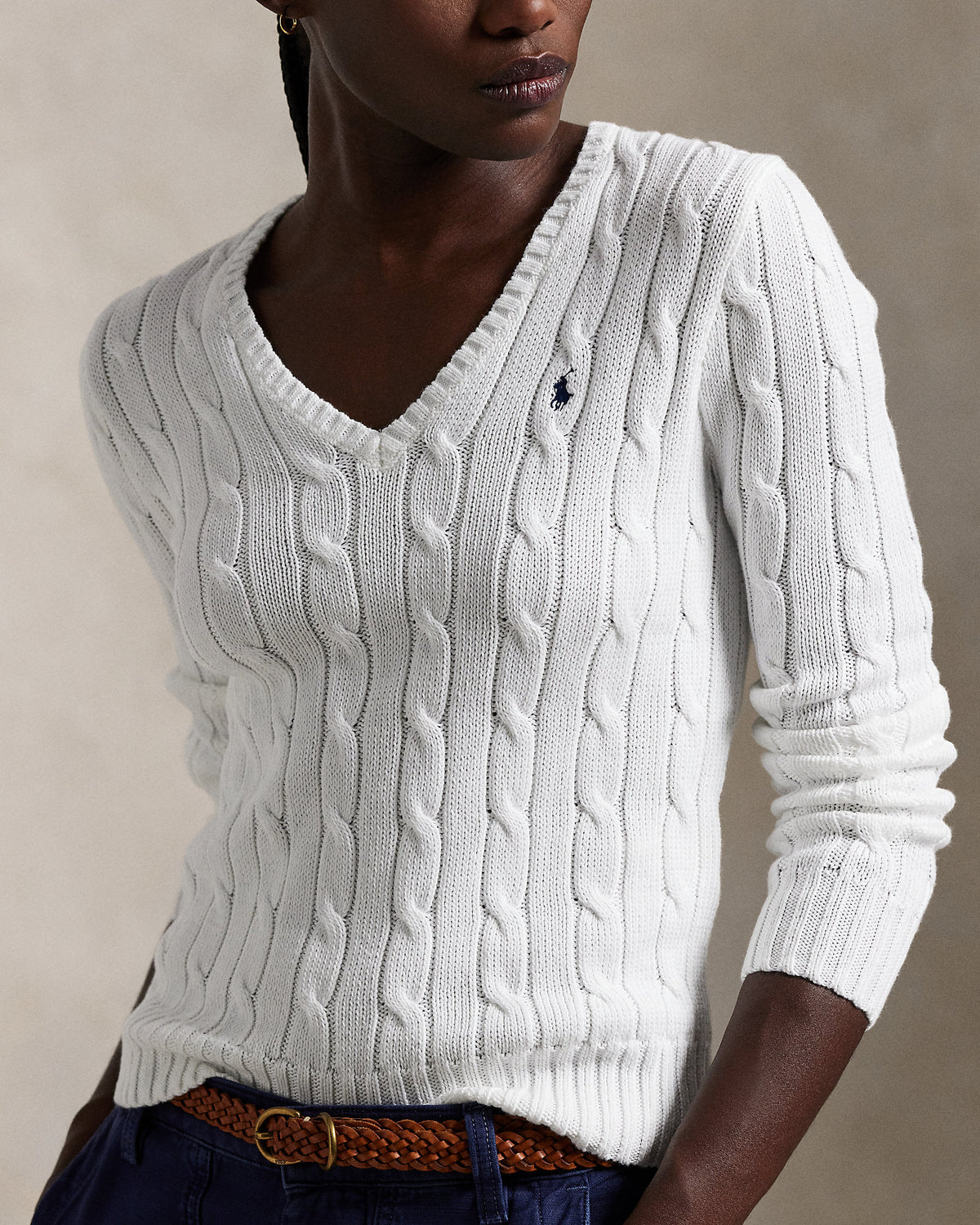 Ralph Lauren Women Cable-Knit Cotton V-Neck Sweater  -  White
