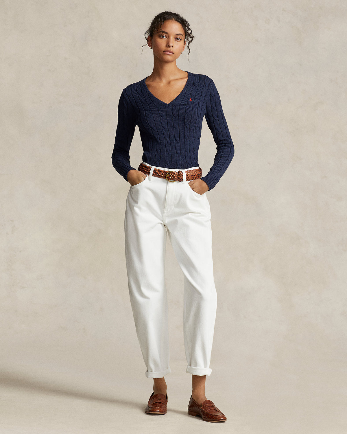 Ralph Lauren Women Cable-Knit Cotton V-Neck Sweater  -  Hunter Navy