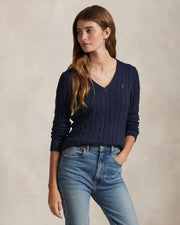 Ralph Lauren Women Cable-Knit Cotton V-Neck Sweater  -  Hunter Navy